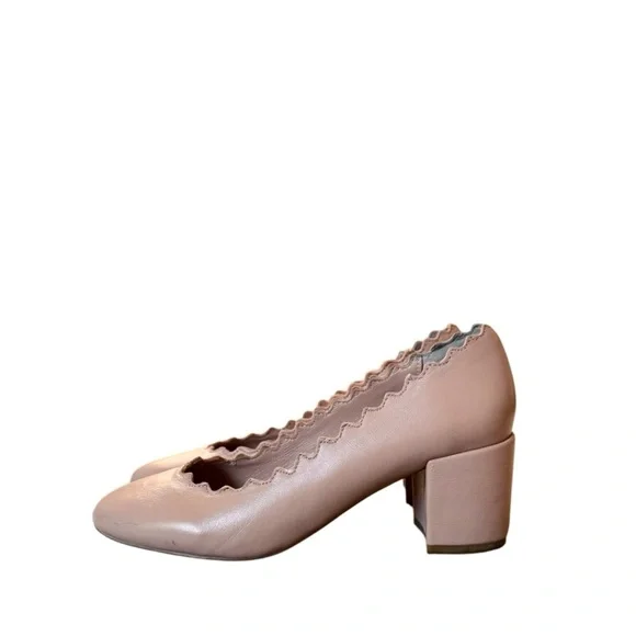 Chloe Lauren Scalloped Leather Block Heels Pumps Size 35/5 - Picture 6 of 13